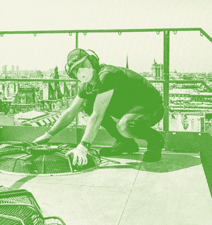 Multi-technical technician holding an air vent on the roof of a parisian building