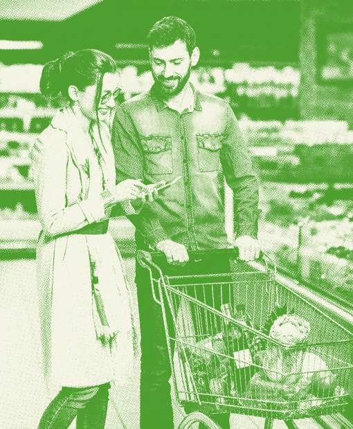 A man and a woman shopping in the cold section of the shopping center